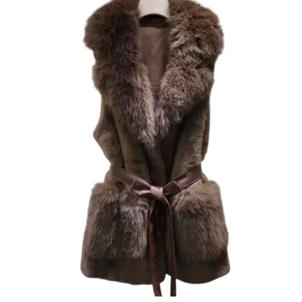 Fox Fur Genuine Brown Vest With Large Pockets & Leather Tie Belt sz M NWT